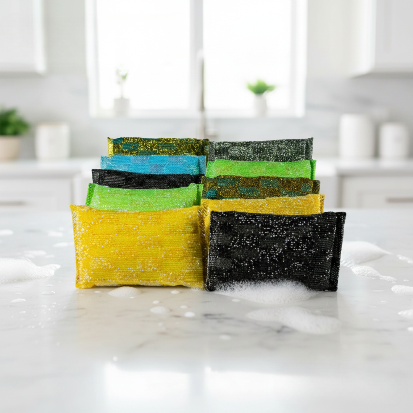 10-Pack Premium Squeezzee Sponges – All Colors – Coconut Oil Soap Pod + Lemon Essence – Washes Up to 300 Items Each